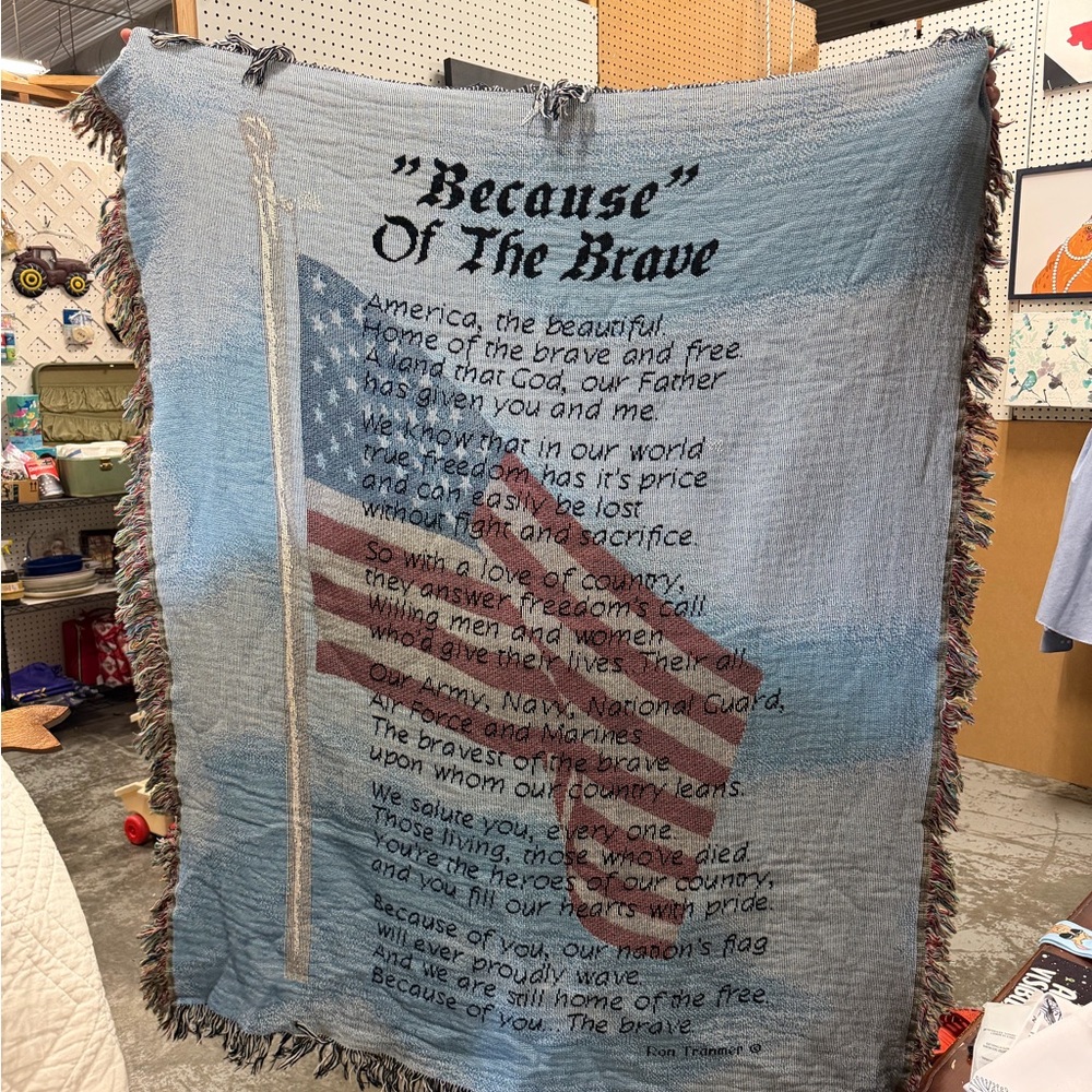 "Because" Of The Brave Patriotic Throw Blanket with American Flag